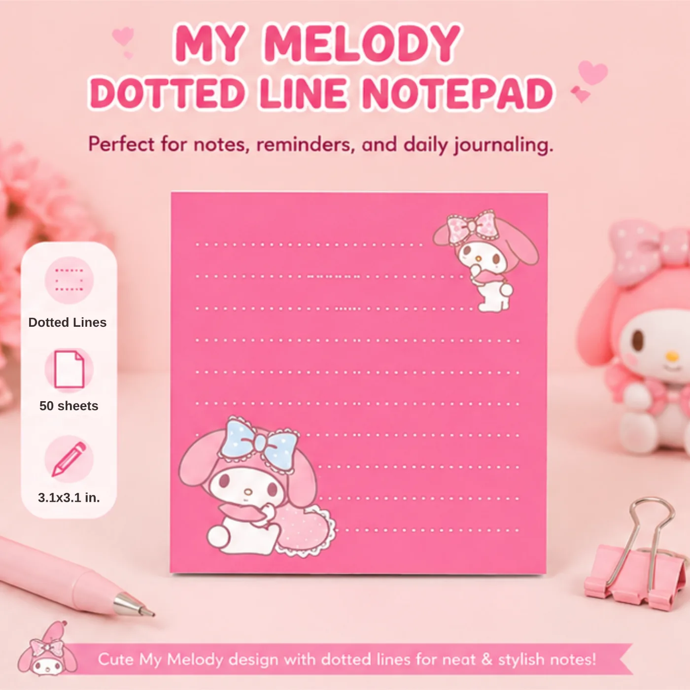 ๐ Premium Sanrio Collection 3ร3 Notepads โ ๐ My Melody Dotted Line Notepad - NTP001